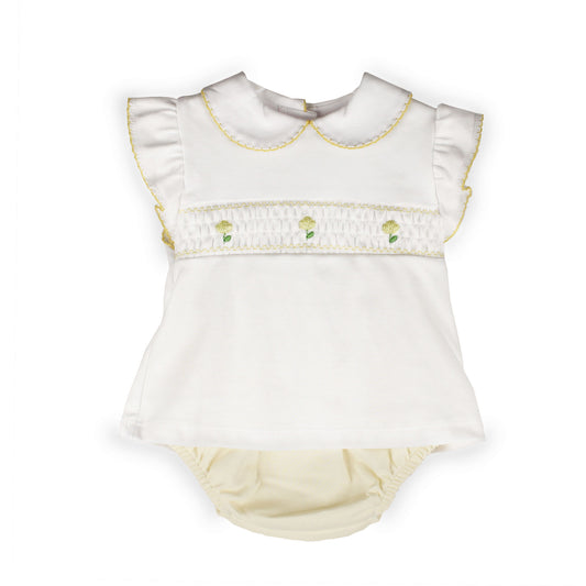 Baby Girls White & Lemon Smocked Top and Jam Pants Set – 100% Cotton
