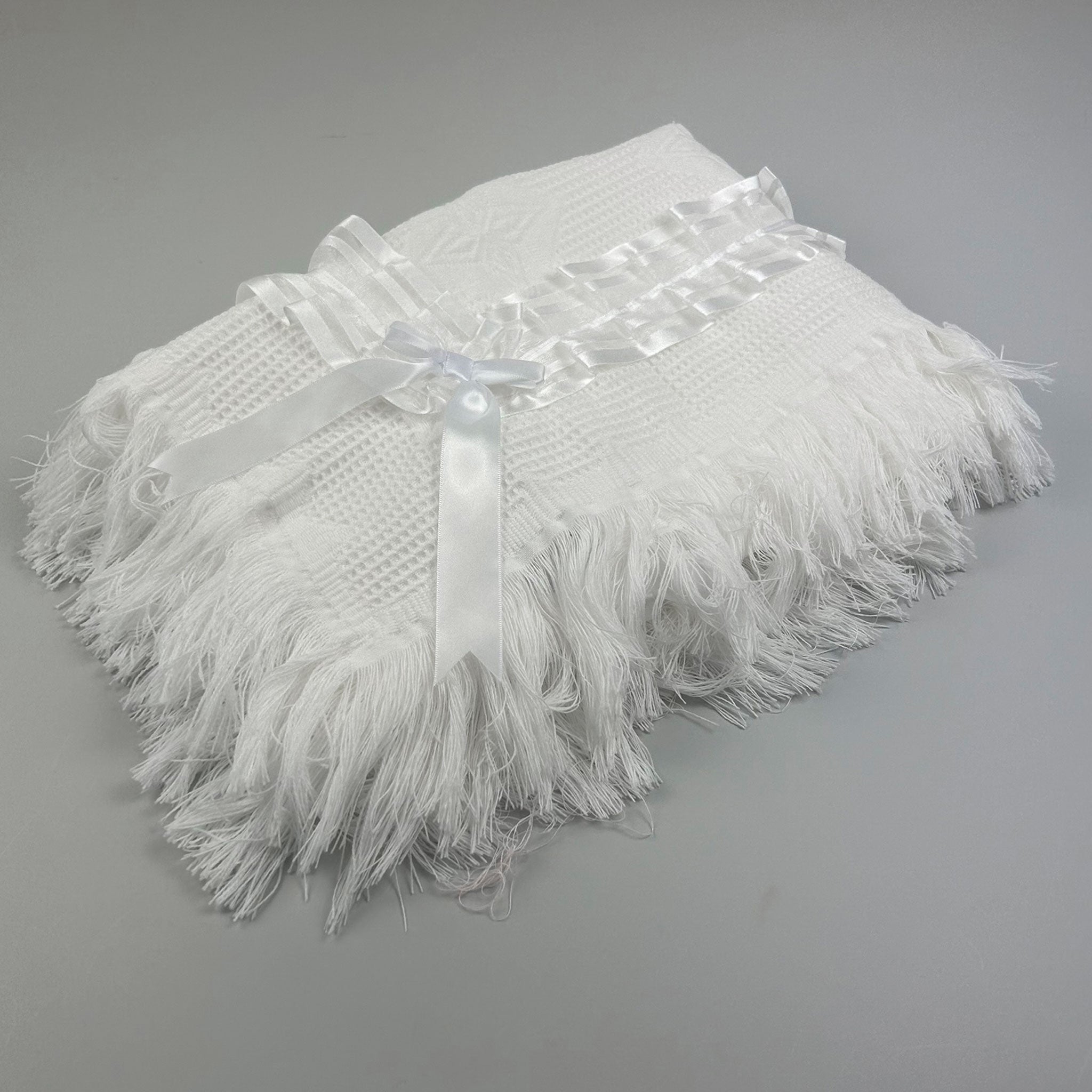 White Luxury Baby Shawl with Organza Trim & Bows