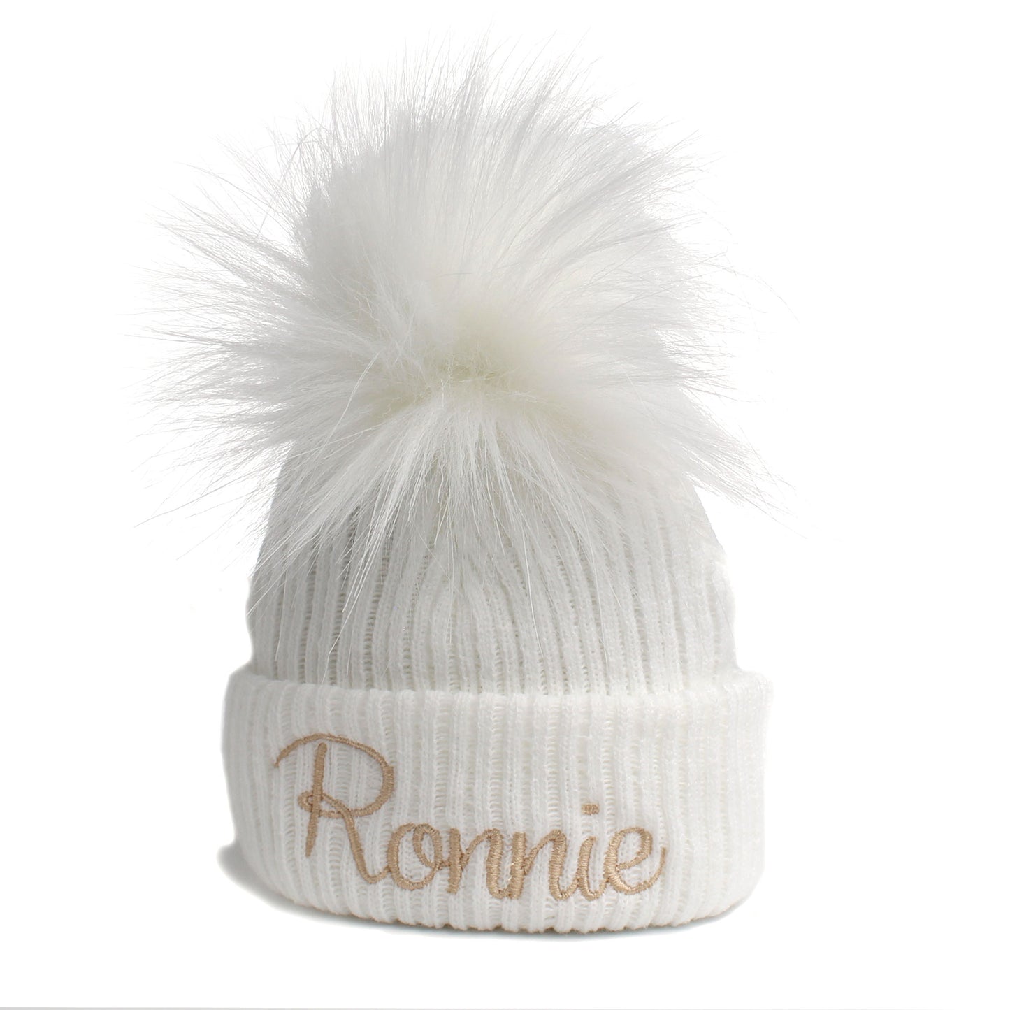 personalised white baby hat with white fur pom
