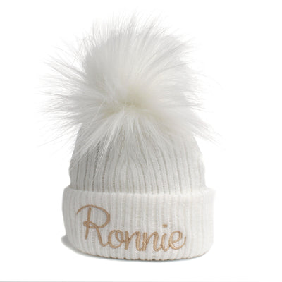 Personalised Baby Hat - Pastel White With White Fur Pom
