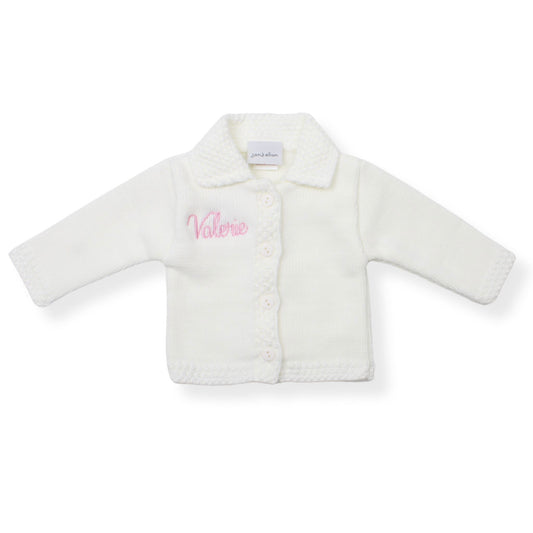 white personalised cardigan with baby name