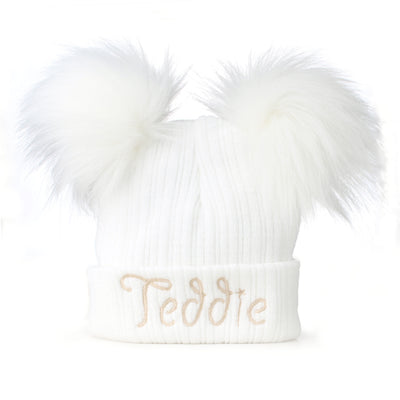 Personalised Baby Pom Hat – White Double Pom | Unisex | Newborn & 0–6 Months