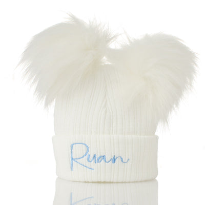 Personalised Baby Pom Hat – White Double Pom | Unisex | Newborn & 0–6 Months