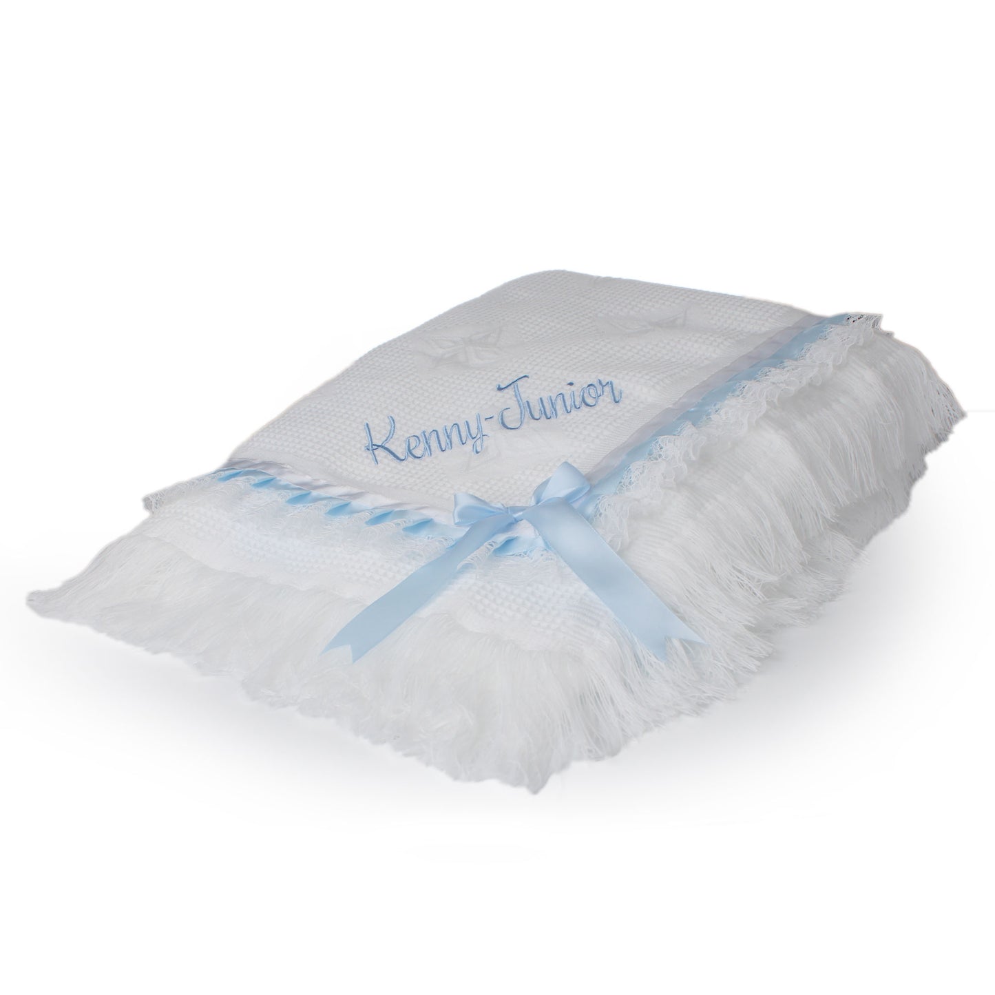 personalised baby shawl white with blue ribbons and lace