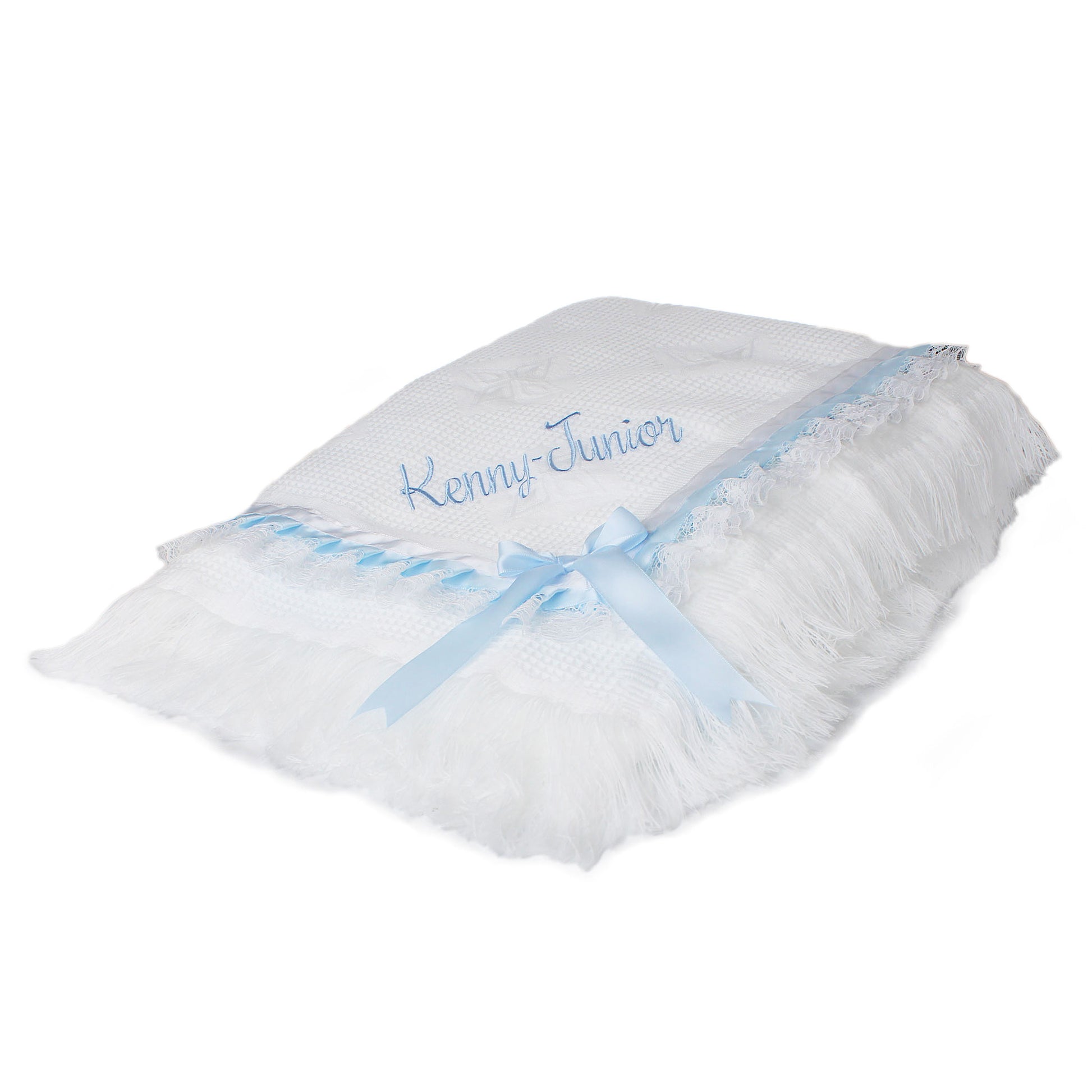 personalised baby shawl white with blue ribbons and lace