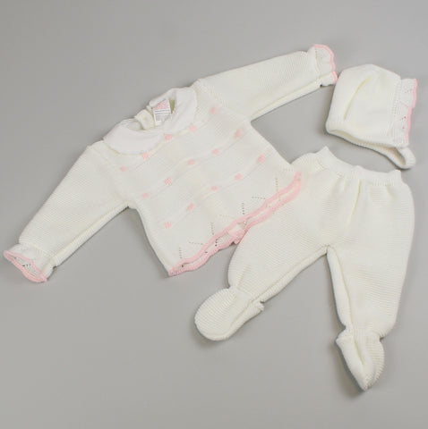 Baby Girls White and Pink Knitted Outfit - Top, Bottoms and Bonnet