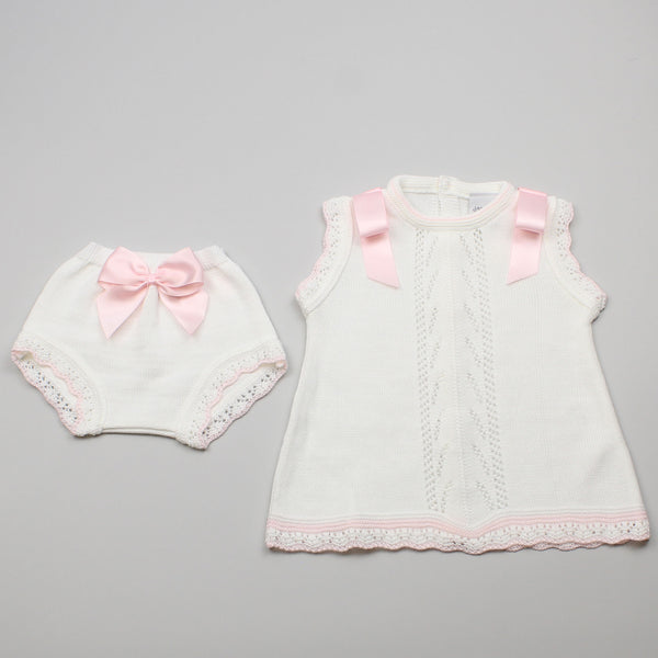 Baby Girls Knitted White and Pink Satin Bow Dress With Pants