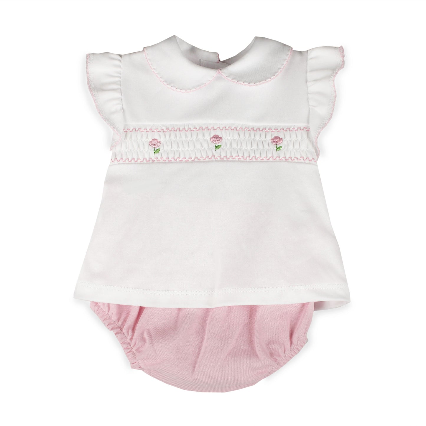 Baby Girls White & Pink Smocked Top and Jam Pants Set – 100% Cotton