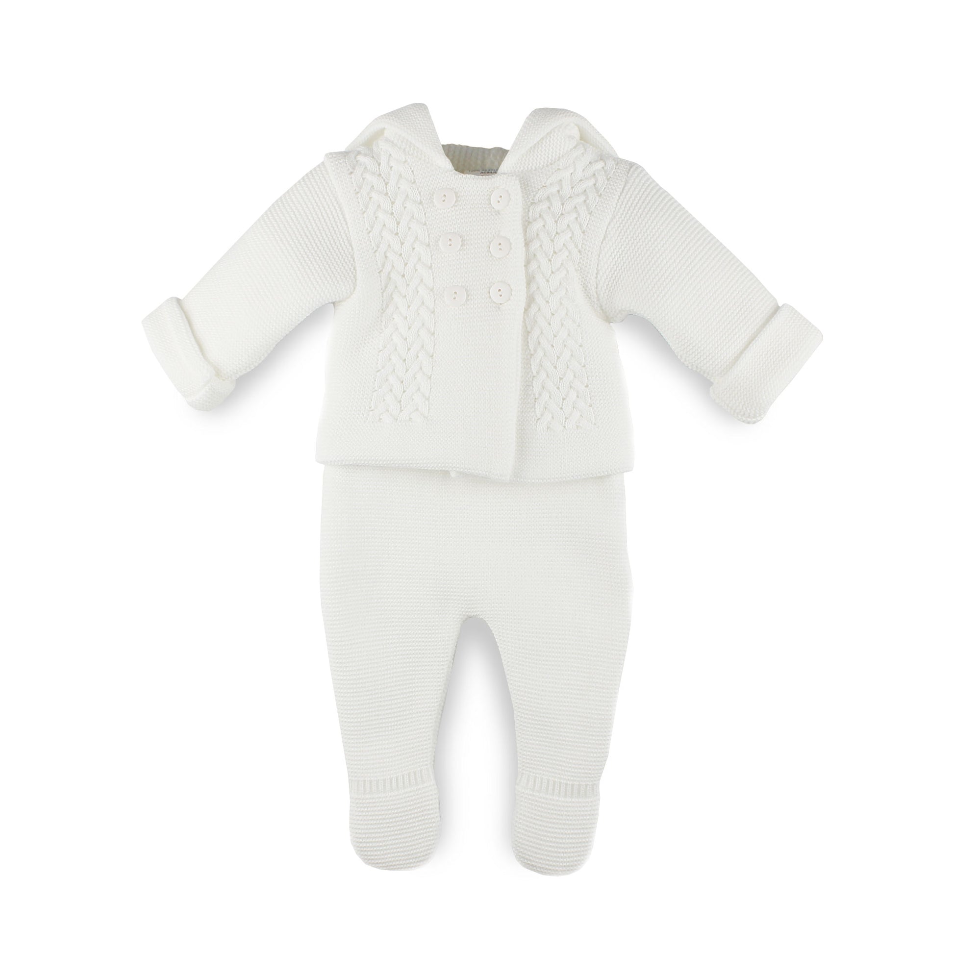 knitted 2 piece baby outfit in white
