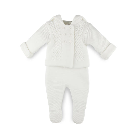 knitted 2 piece baby outfit in white
