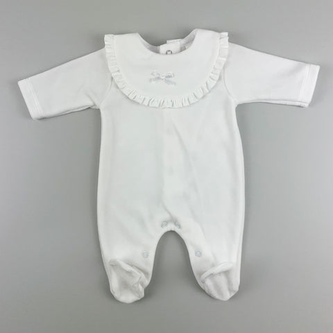 white velour baby grow with bow