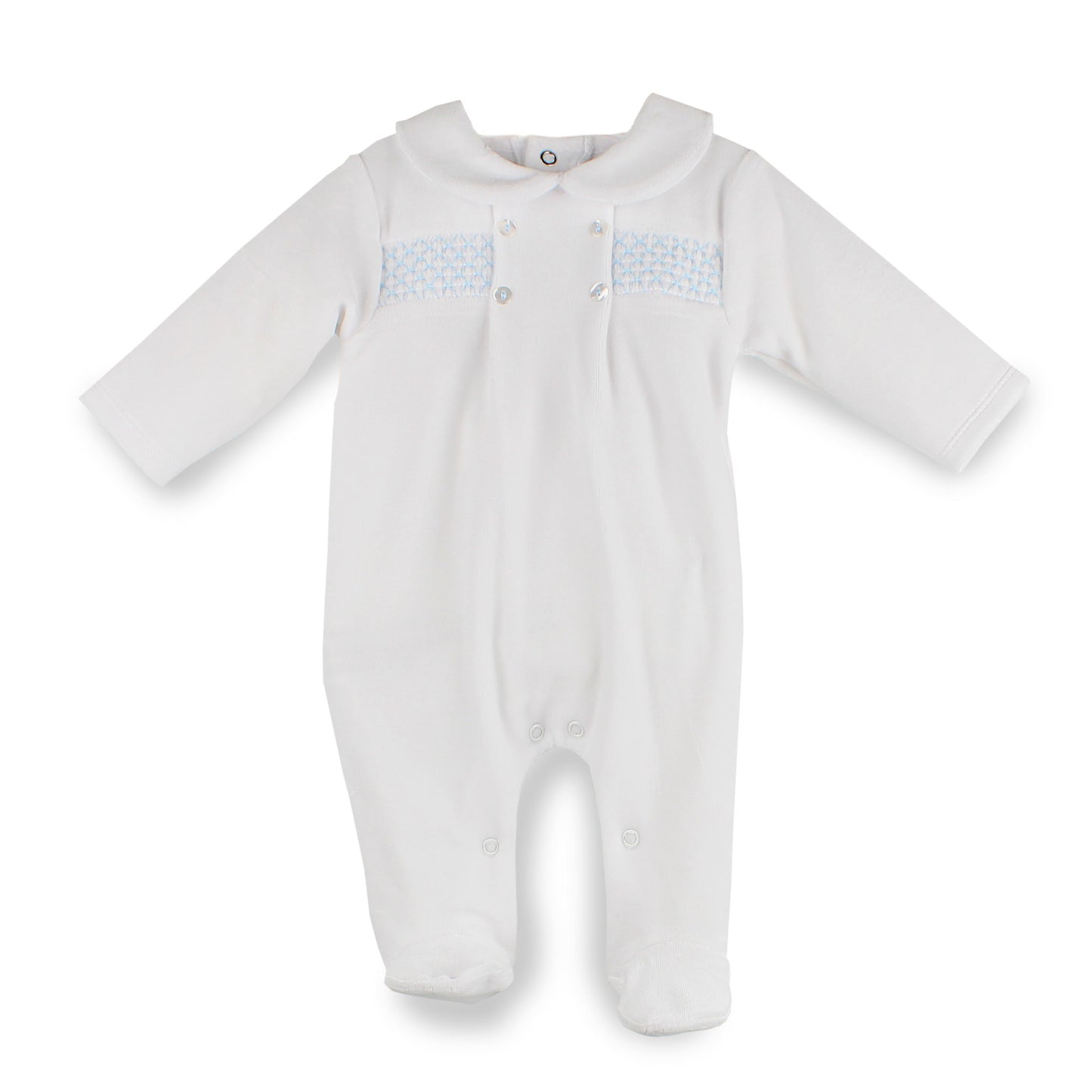 White baby velour sleepsuit with blue smocking  on a white background