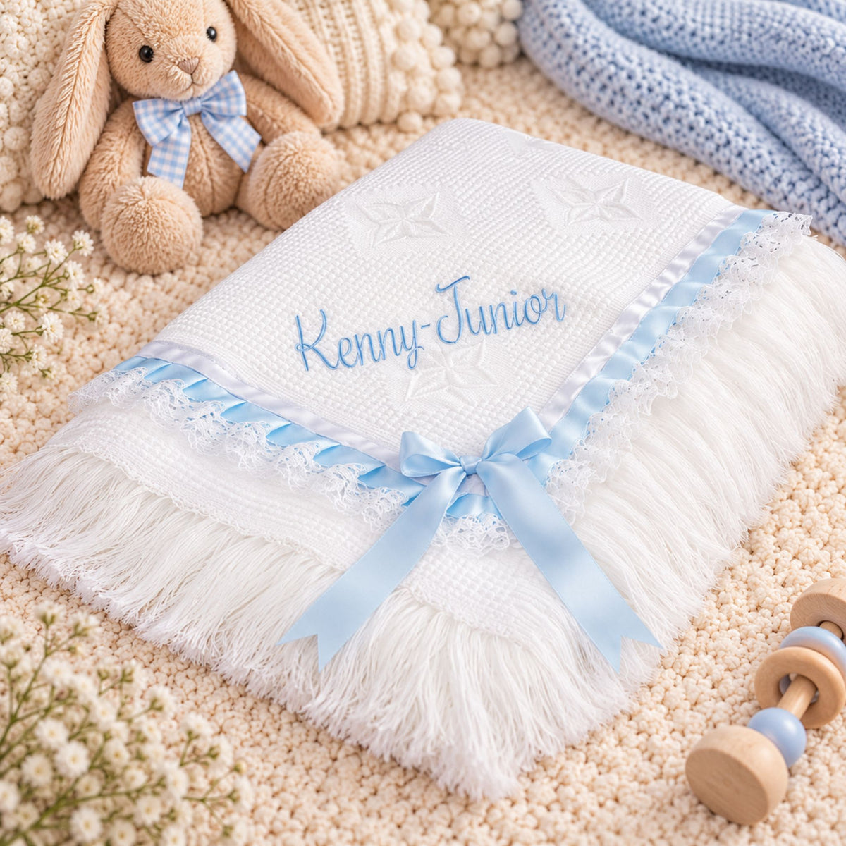 personalied white blue baby shawl