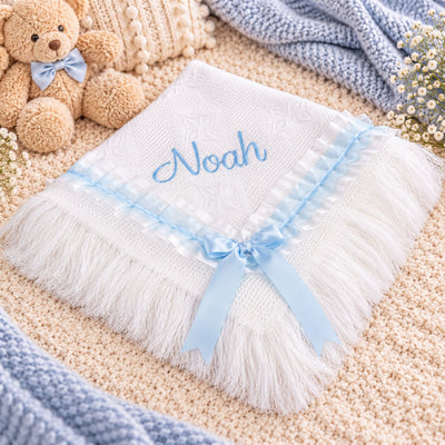 Personalised White Baby Shawl with Blue Ribbon – Christening Shawl