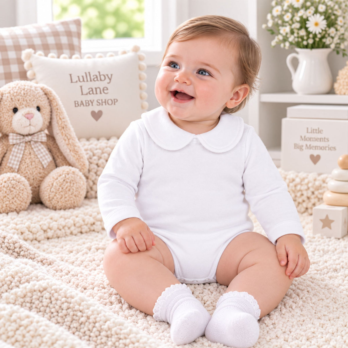 Baby White Long Sleeve Bodysuit with Peter Pan Collar – Calamaro