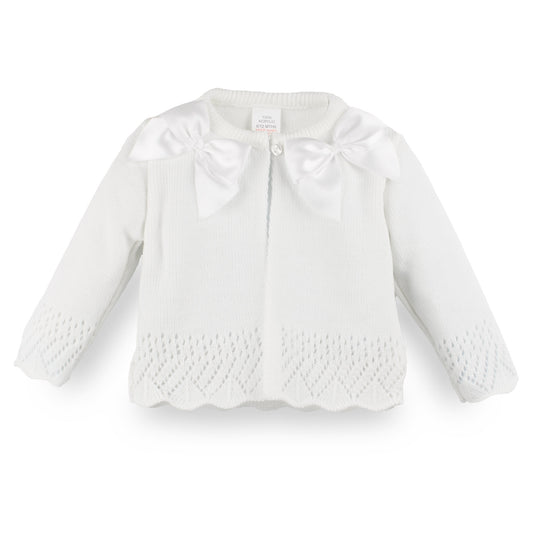 White Baby Girls Knitted Cardigan with Satin Bows – Made in Portugal