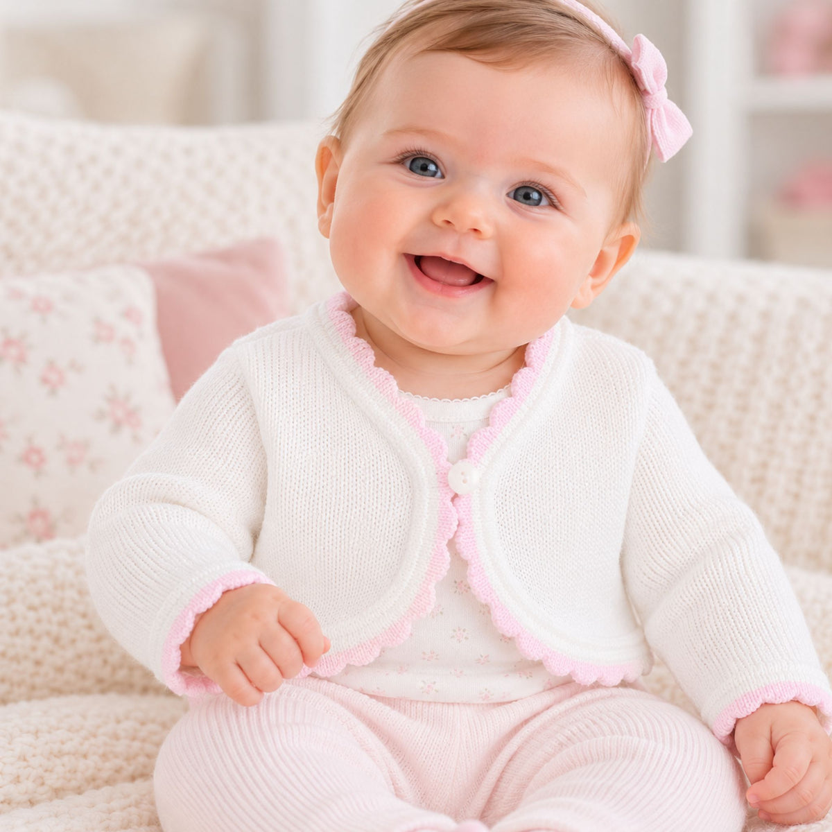 Dandelion Baby Girls White Knitted Bolero Cardigan with Pink Trim