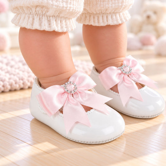 Baypods Baby Girls White Soft Sole Shoes with Pink Bow