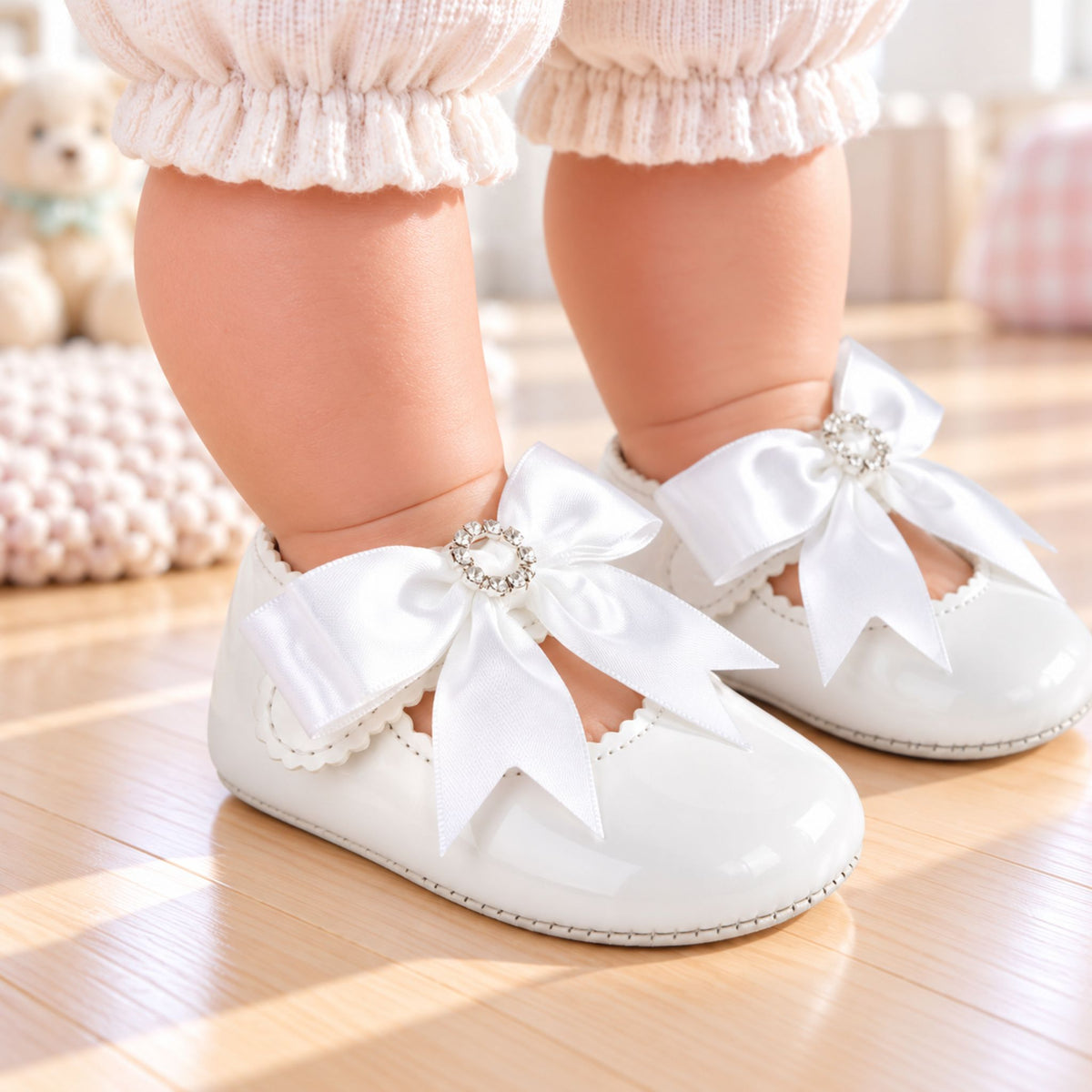 Baypods Baby Girls White Crib Shoes with Satin Bow (Soft Sole)
