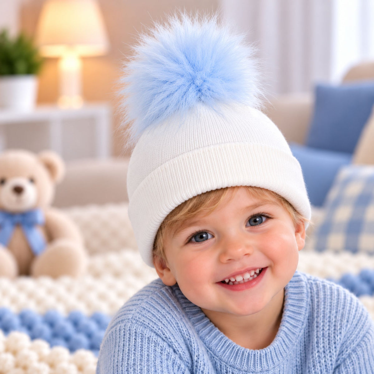 toddler boy pom hat white with blue pom