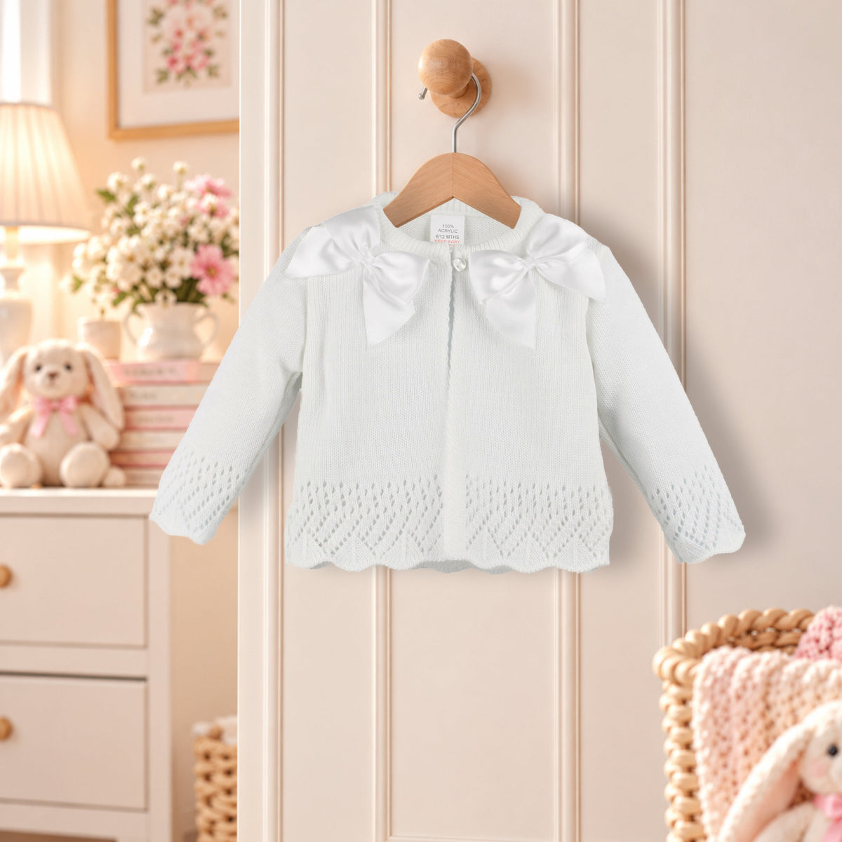 White Baby Girls Knitted Cardigan with Satin Bows – Made in Portugal