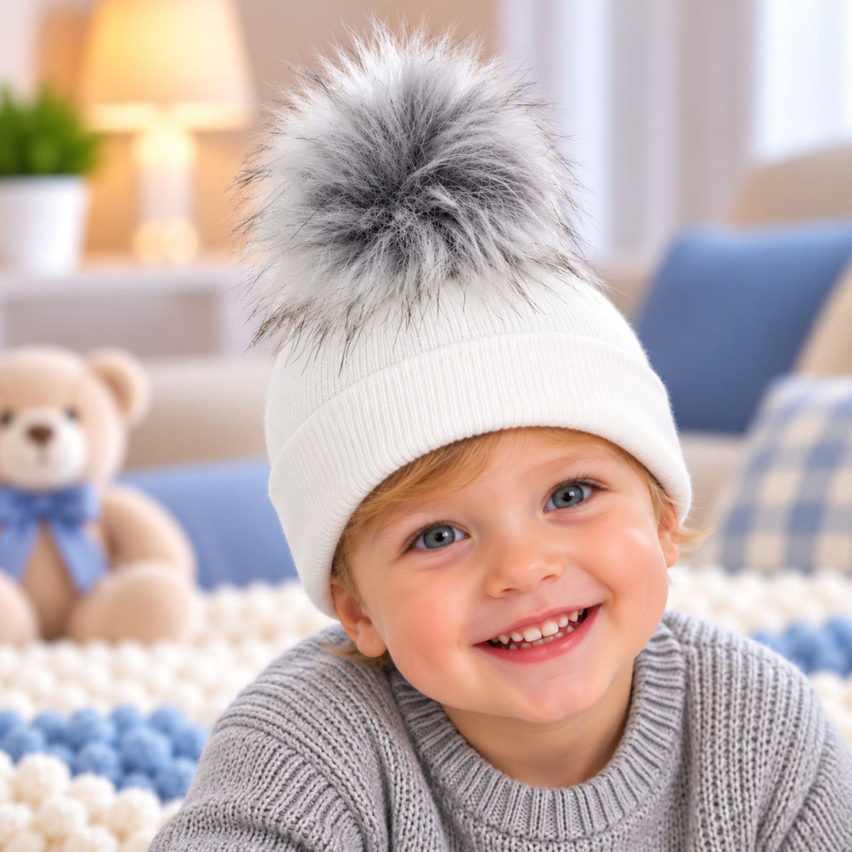 toddler pom hat white with grey pom