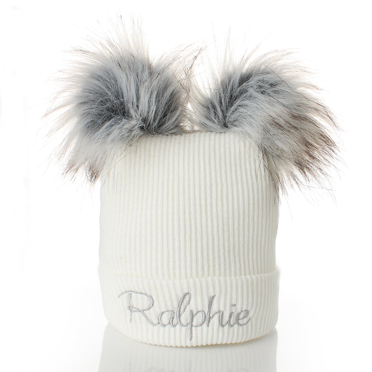 Personalised Baby Double Pom Pom Hat with Grey Faux Fur Poms (6–12 Months)