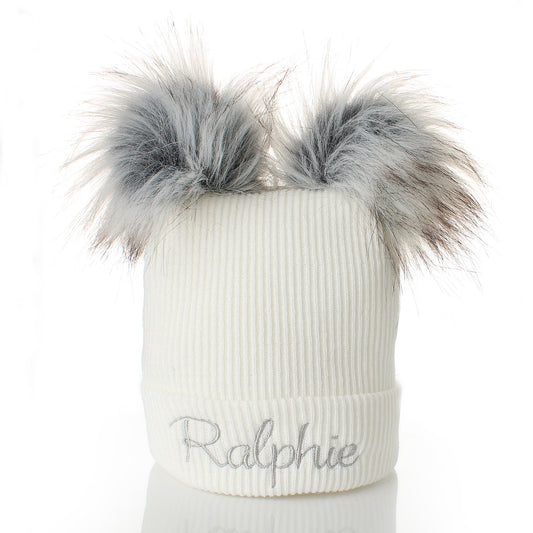 Personalised Baby Double Pom Pom Hat with Grey Faux Fur Poms (6–12 Months)