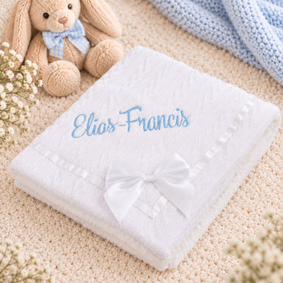 Personalised White Knitted Baby Blanket with Satin Bow