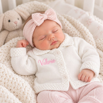 Personalised Unisex Baby White Cardigan with Name | Classic Knit