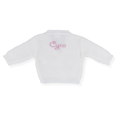 Personalised White Knitted Baby Cardigan – Dandelion Portugal