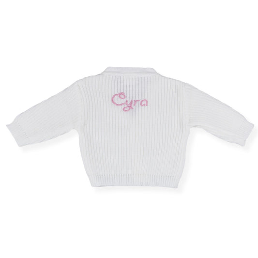 white personalised cardigan