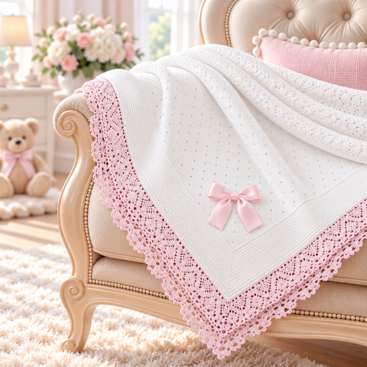 A white baby blanket with pink lace borders and a small pink bow, draped over a cream-colored tufted armchair in a soft, styled nursery setting.
