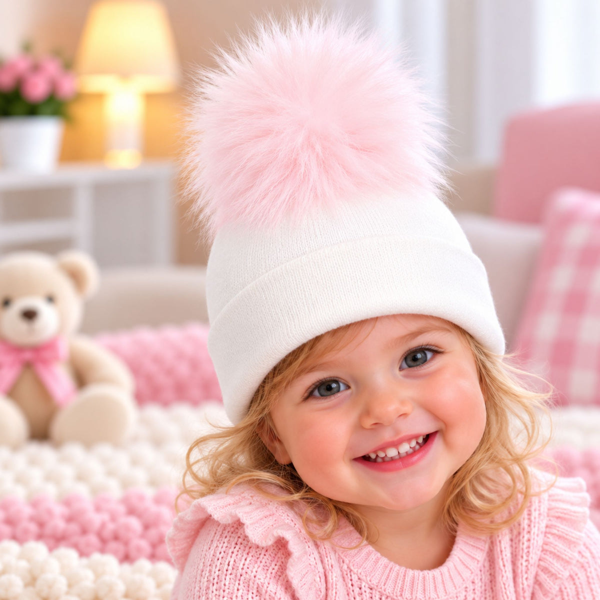 tddler girl pom hat white with pink pom