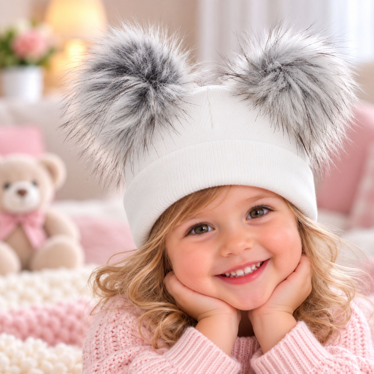 A young child wearing a white knit beanie with two large fluffy gray faux-fur pom-poms on the sides, posed in a cozy pink-themed room with a teddy bear in the background.