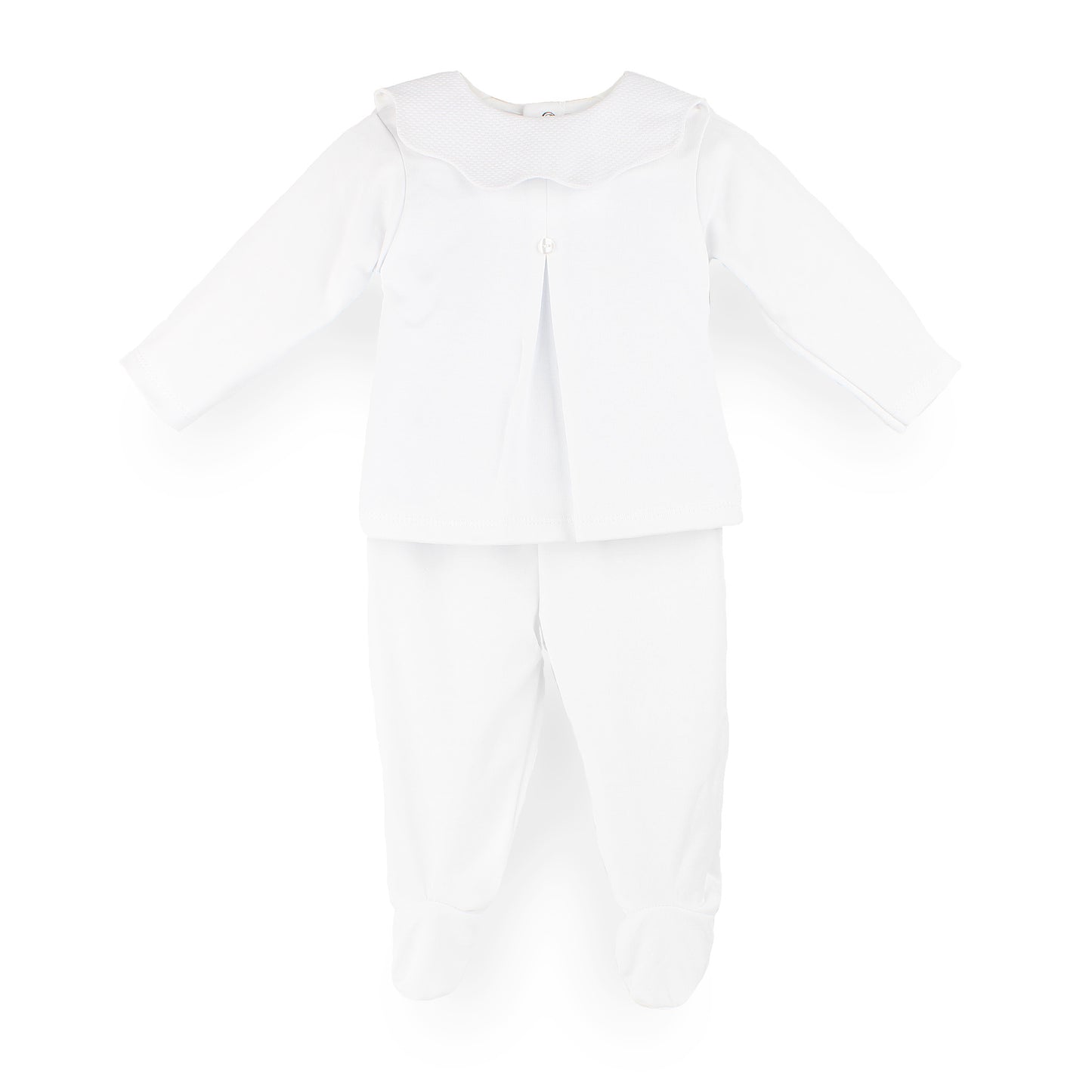 A white baby outfit set consisting of a long-sleeve top with a ruffled collar and matching footed pants, shown against a plain white background.