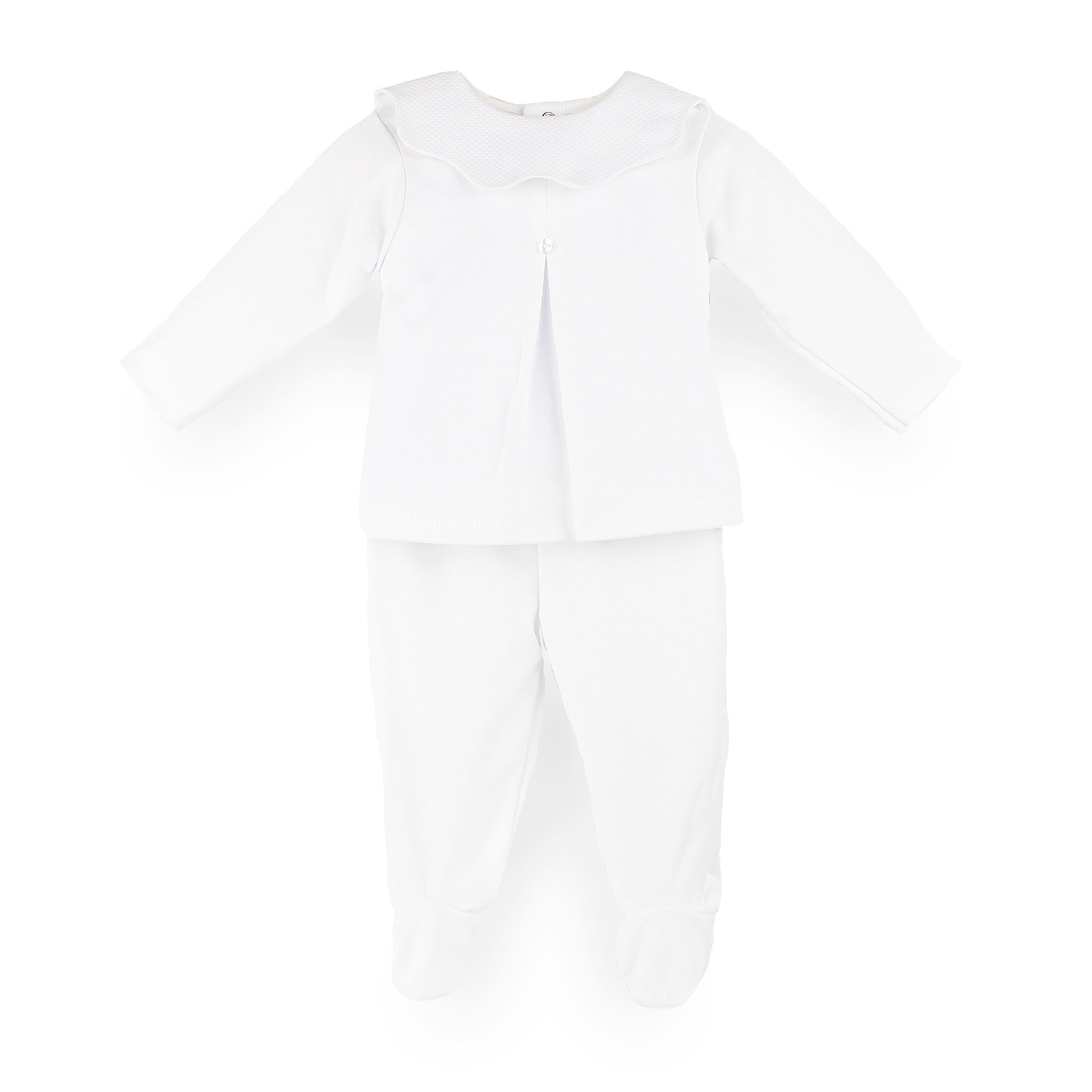 A white baby outfit set consisting of a long-sleeve top with a ruffled collar and matching footed pants, shown against a plain white background.