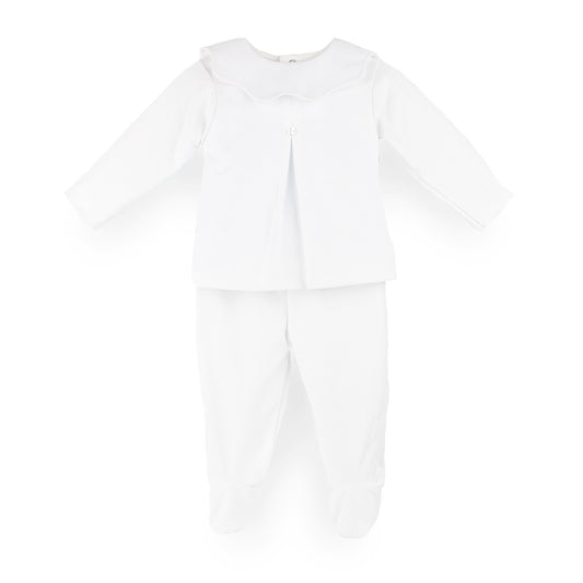 A white baby outfit set consisting of a long-sleeve top with a ruffled collar and matching footed pants, shown against a plain white background.