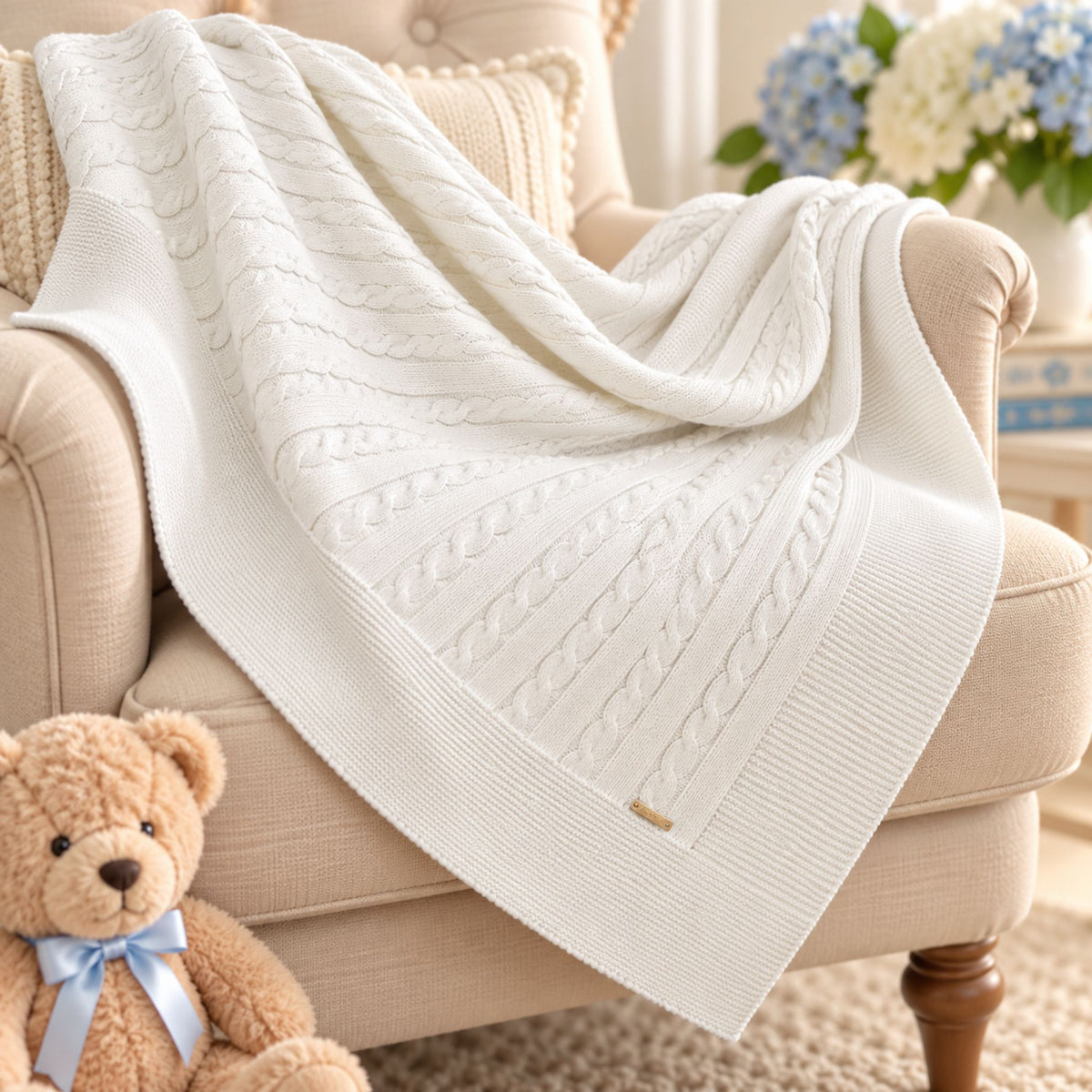White Cable Knit Baby Shawl Blanket 100 x 100cm – Made in Portugal