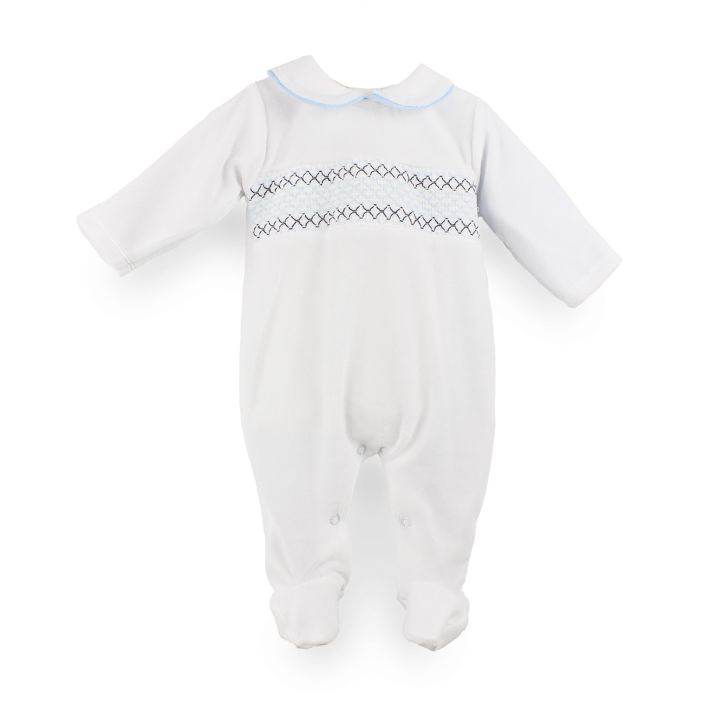 A white long-sleeve baby footed sleeper with a Peter Pan collar, featuring a decorative smocked diamond pattern across the chest and light blue piping along the collar.