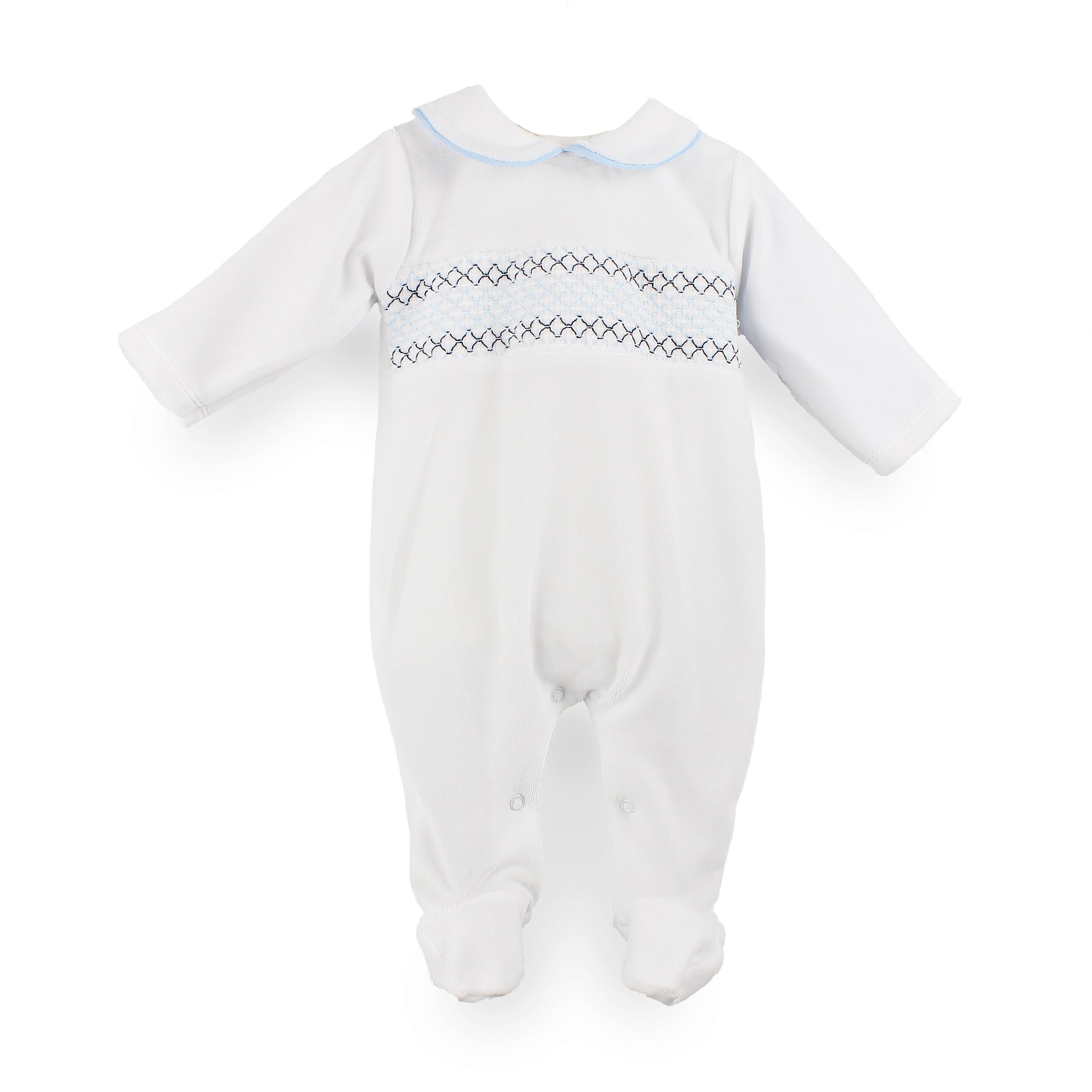 A white long-sleeve baby footed sleeper with a Peter Pan collar, featuring a decorative smocked diamond pattern across the chest and light blue piping along the collar.