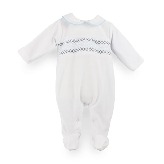 A white long-sleeve baby footed sleeper with a Peter Pan collar, featuring a decorative smocked diamond pattern across the chest and light blue piping along the collar.