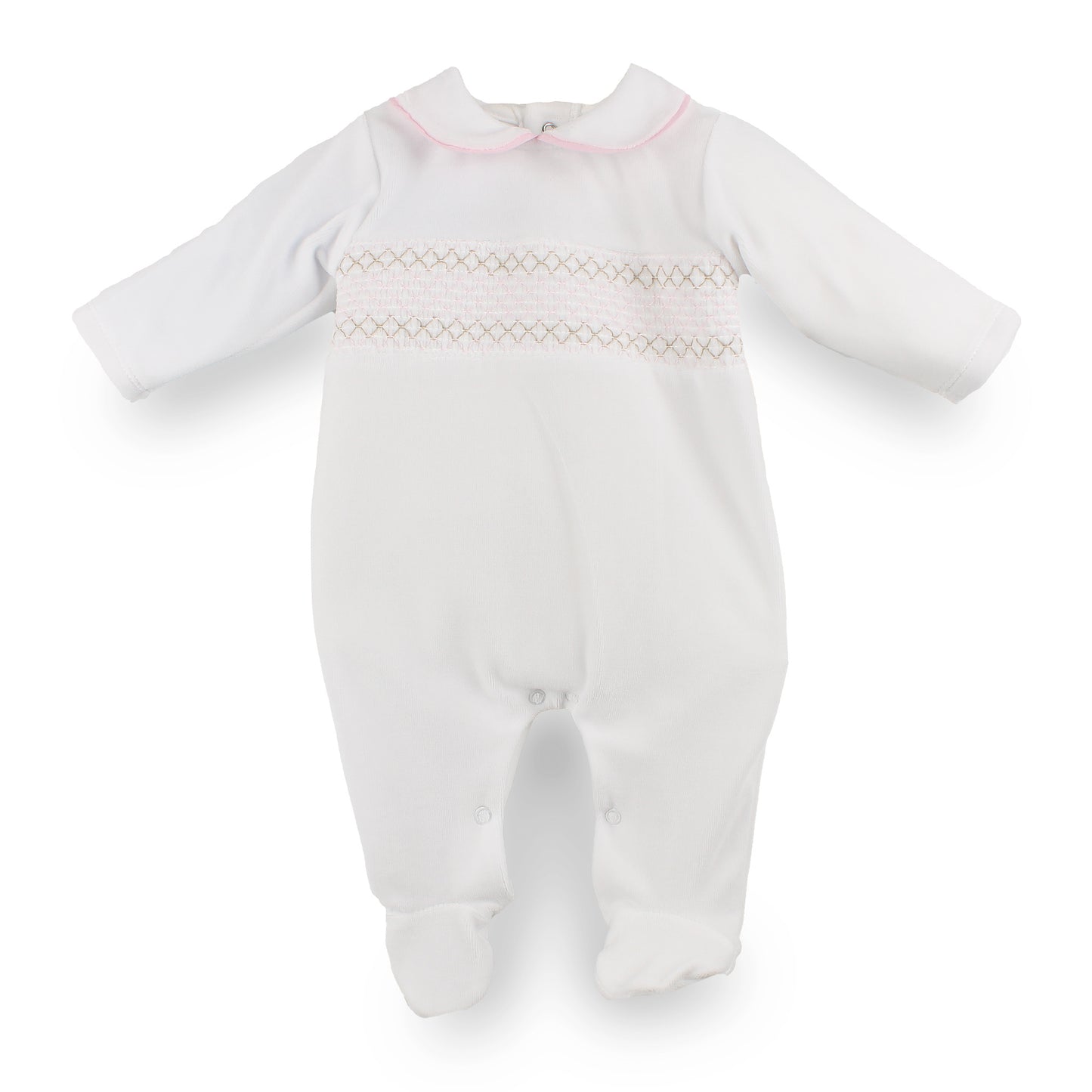 White Velour Baby Sleepsuit with Pink Smocked Detail