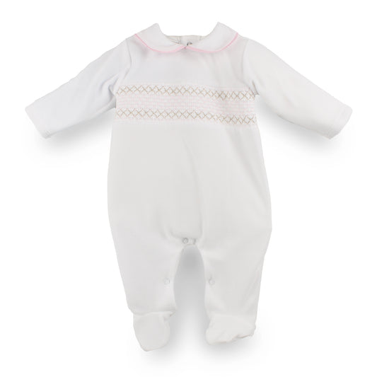 White Velour Baby Sleepsuit with Pink Smocked Detail