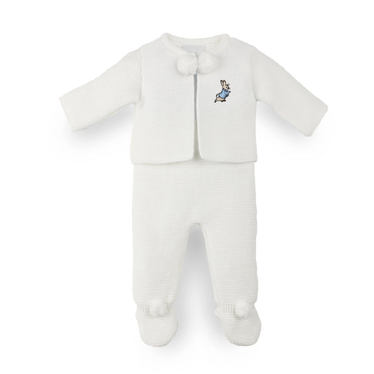 Dandelion Baby White Knitted Two Piece Pram Suit - With Rabbit