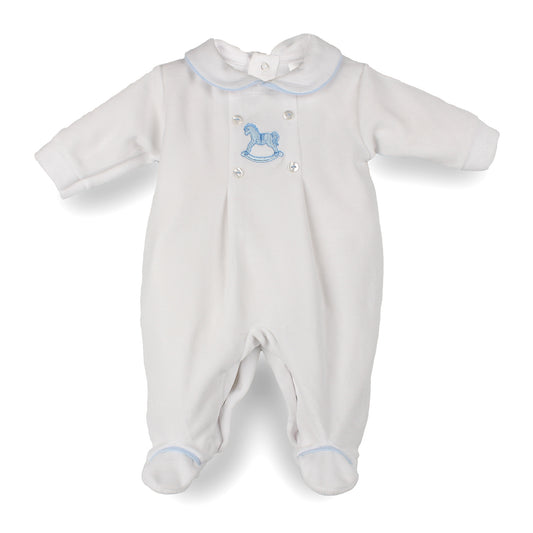 Pex baby boys white velour sleepsuit with blue embroidered rocking horse