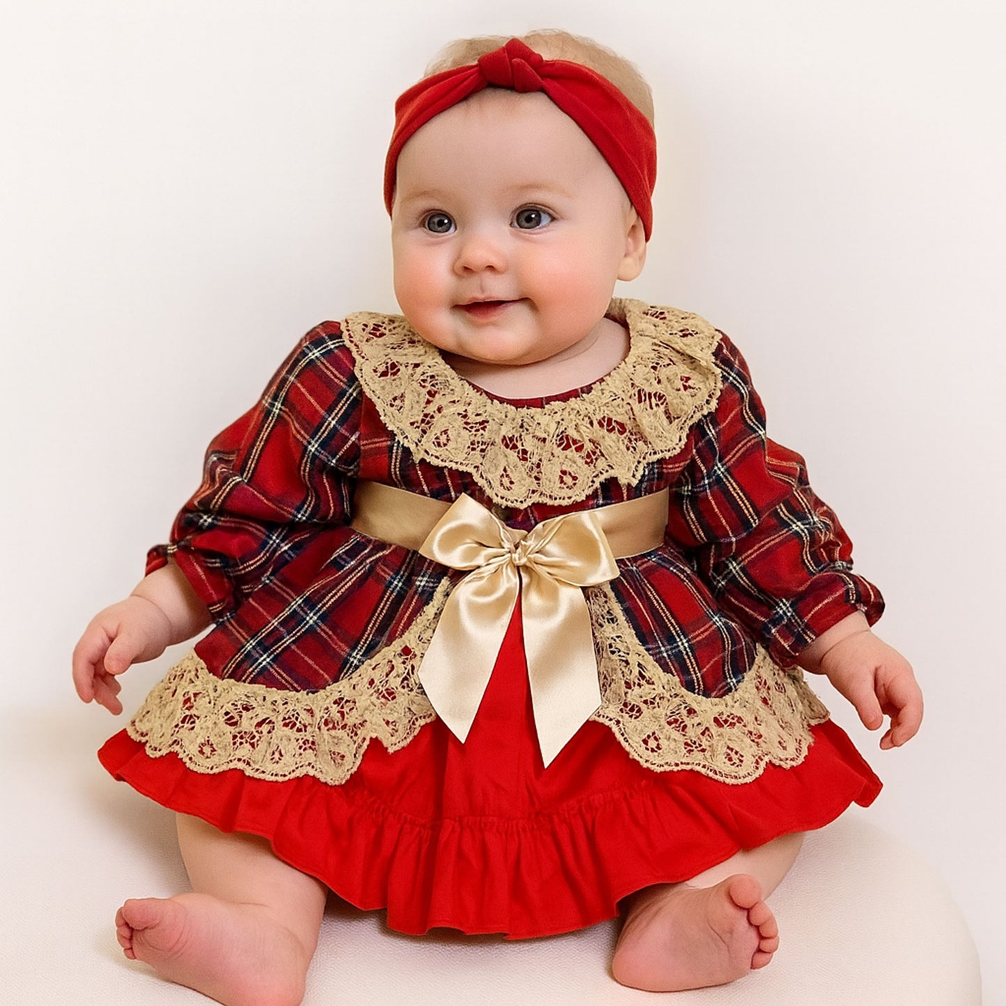 Baby Girls Red and Gold Tartan Puffball Dress