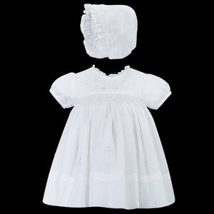 baby girls christening dress with smocking and bonnet in white