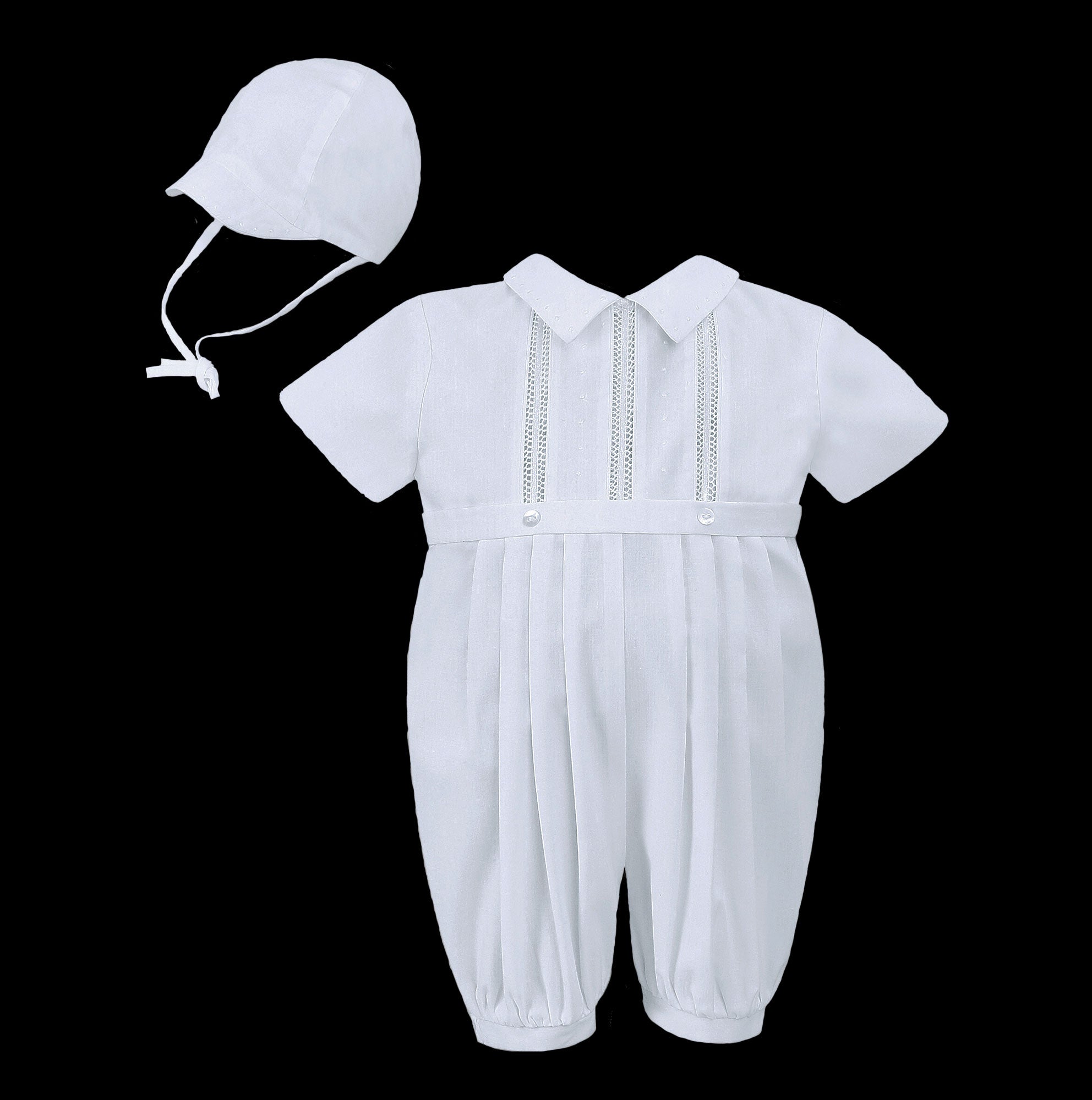 baby boys christening romper and hat in white