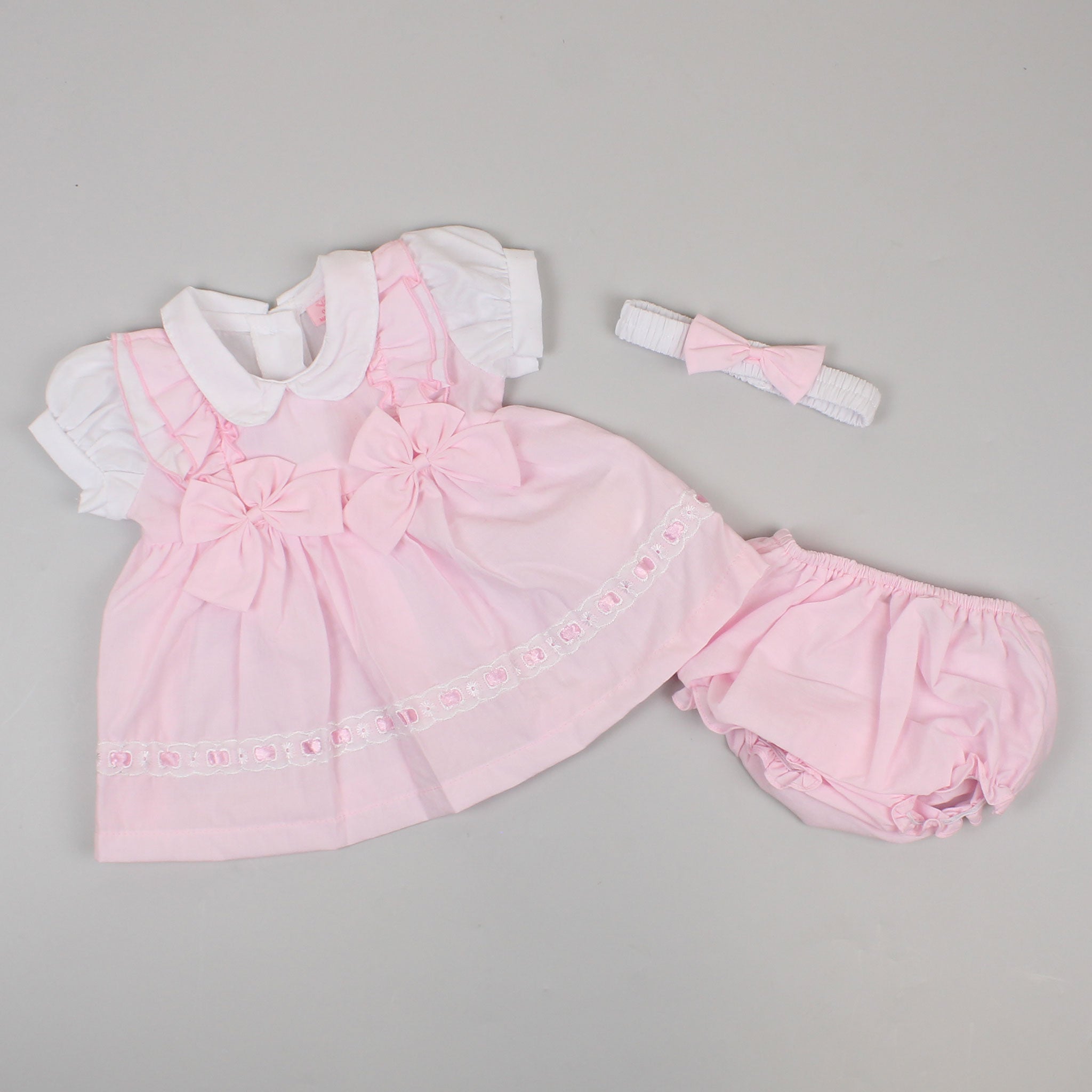 baby girls pink and white summer three piece with dress, pants and headband 